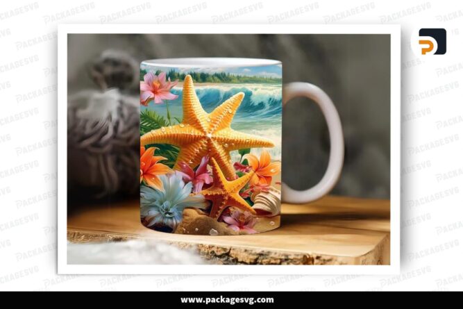 3D Seashells Beach Sublimation Design, 11oz 15oz Summer Skinny Mug Wrap (1)