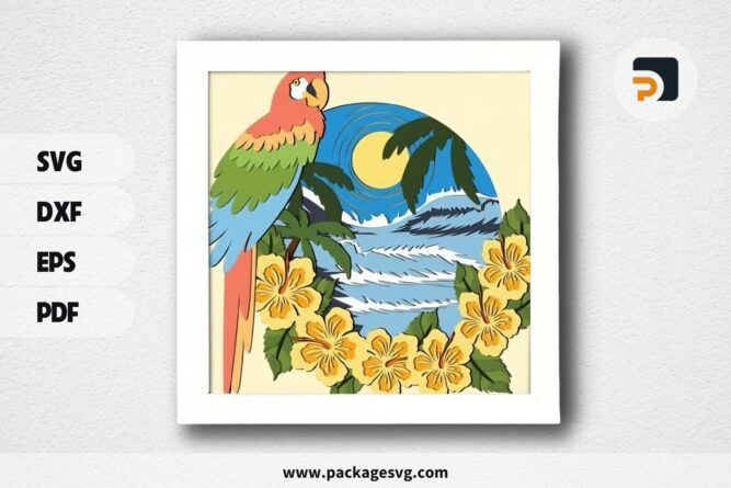 3D Summer Beach Shadowbox, Parrot SVG Paper Cut File LR721DQ1 (1)