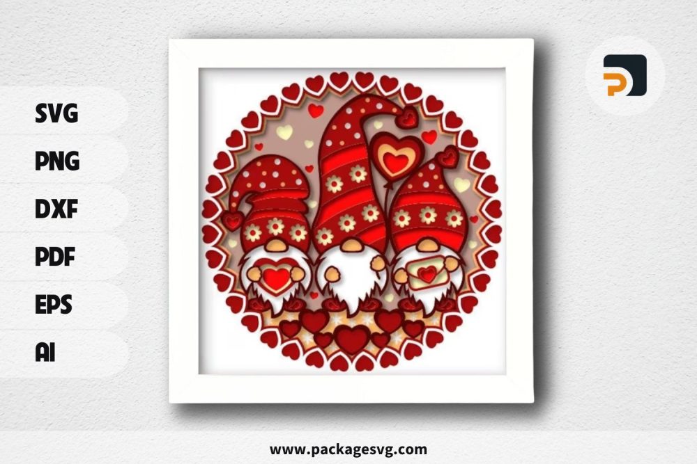 3D Valentine Gnomes Shadowbox, SVG Paper Cut File