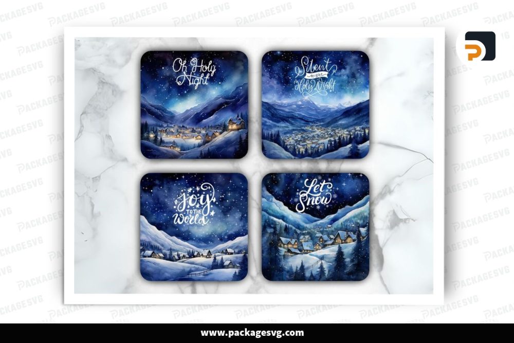 Christmas Coasters Bundle, 4 Square Round PNG Sublimation Design (3)