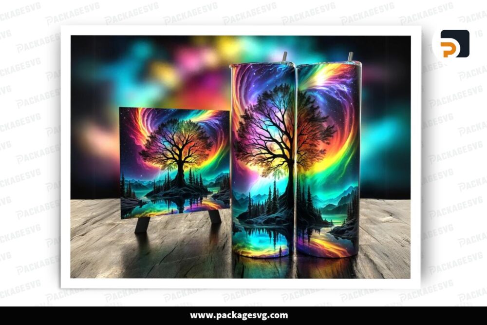 Colorful Tree Northern Light Sublimation Design, 20oz Skinny Tumbler Wrap (1)