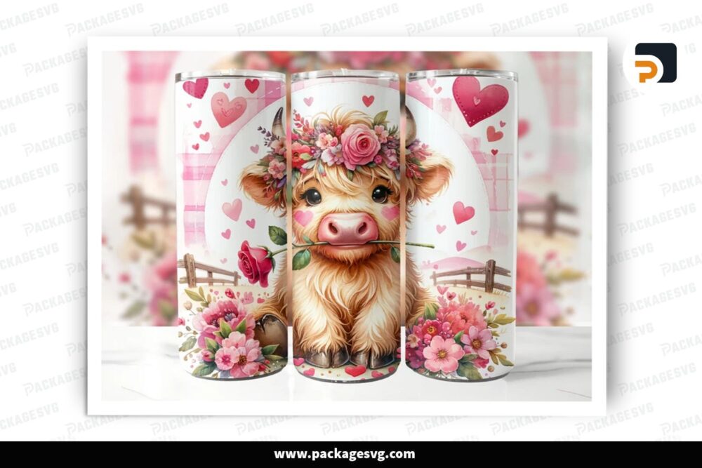 Country Valentine Highland Cow Sublimation Design, 20oz Skinny Tumbler Wrap (2)