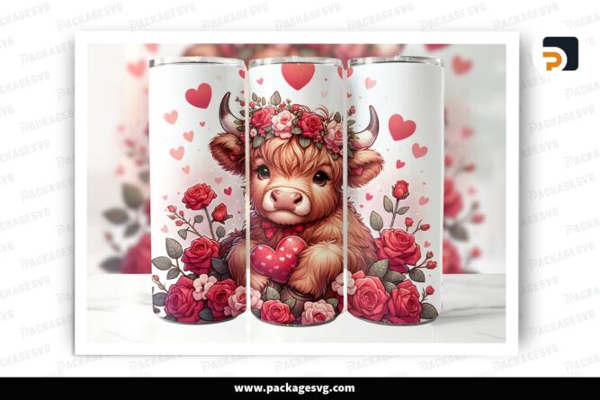 Cute Highland Cow Sublimation Design, 20oz Valentine Skinny Tumbler Wrap (1)