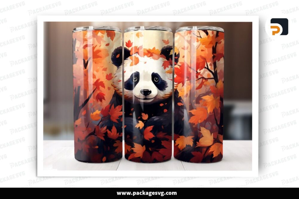 Fall Panda Sublimation Design, 20oz Skinny Tumbler Wrap (1)