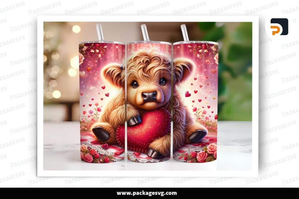 Heart Highland Cow Sublimation Design, 20oz Valentine Skinny Tumbler Wrap LR4OB3XL (2)