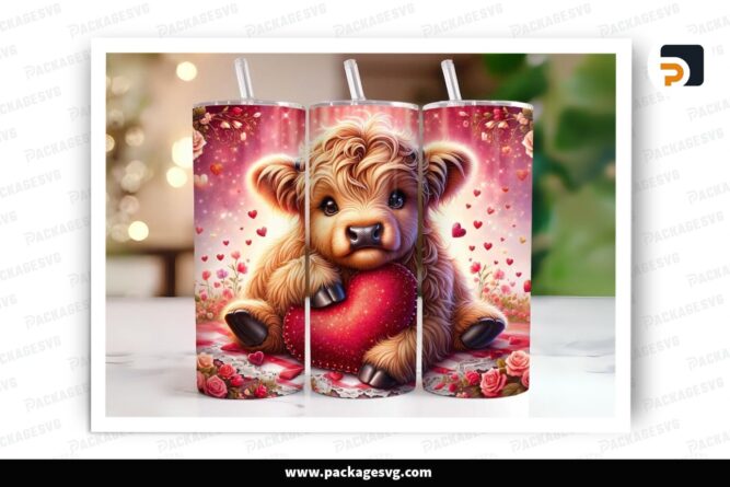 Heart Highland Cow Sublimation Design, 20oz Valentine Skinny Tumbler Wrap LR4OB3XL (2)