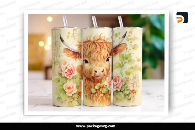 Highland Cow Rose Sublimation Design, 20oz Skinny Tumbler Wrap (2)