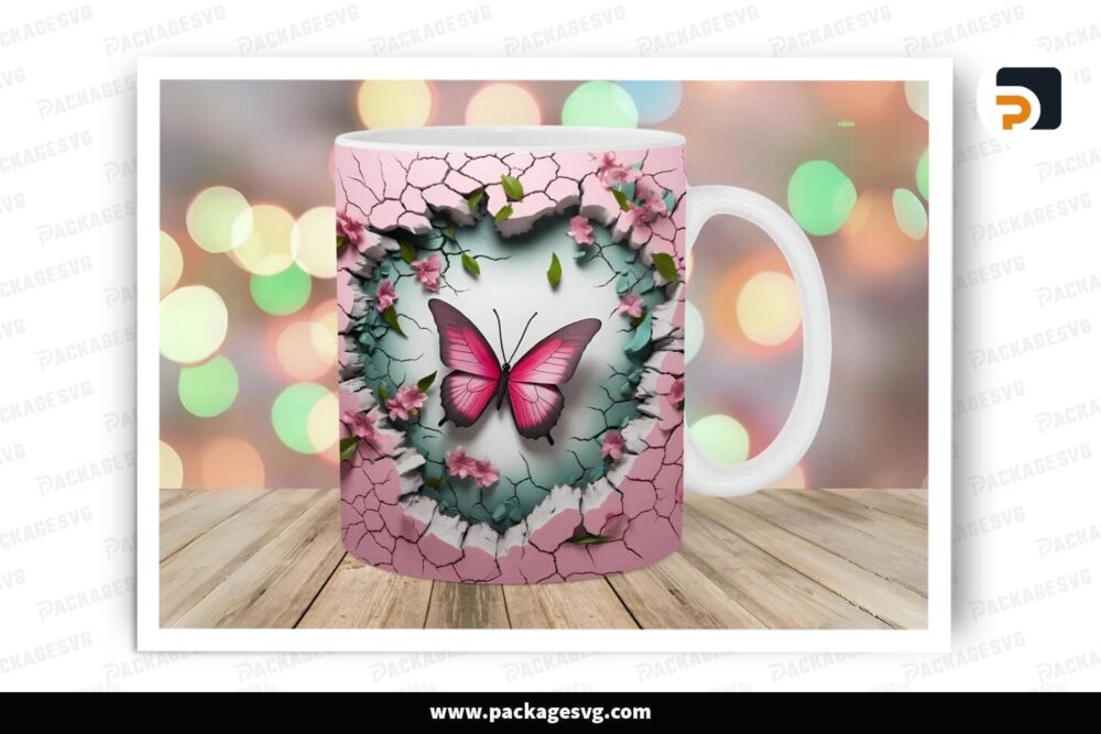 Pink Butterfly Crack In A Wall Sublimation, 11oz 15oz Skinny Mug Wrap (1)