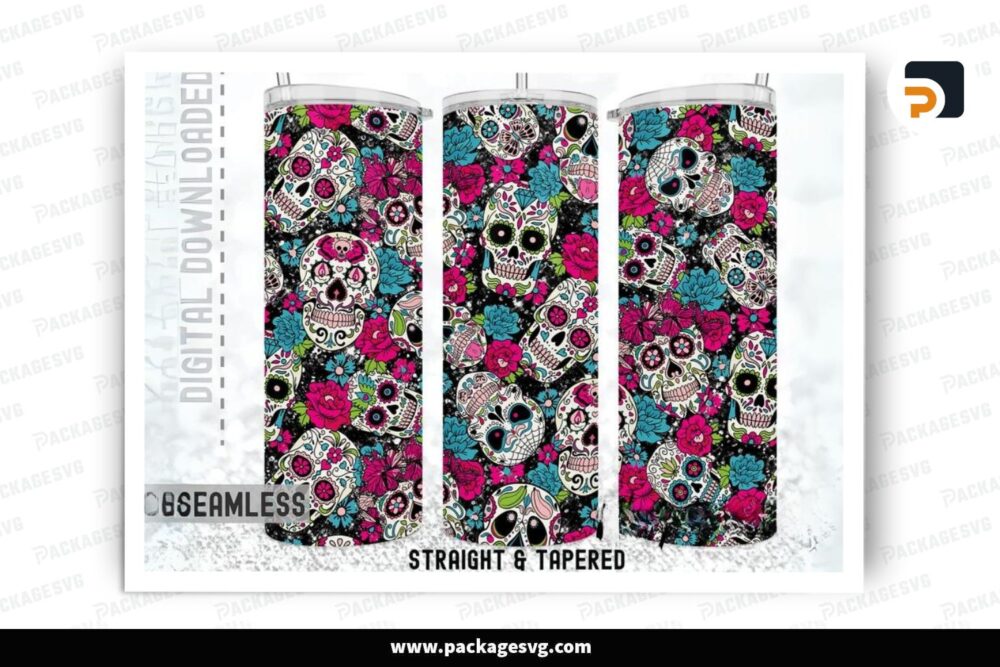 Pink Sugar Skulls And Flower Sublimation Design, 20oz Skinny Tumbler Wrap (2)