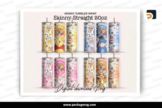 Pooh Friend Sublimation Design Bundle, 4 20oz Cartoon Skinny Tumbler Wrap (6)