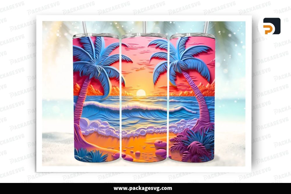 Summer Beach 3D Sublimation Design, 20oz Skinny Tumbler Wrap (2)