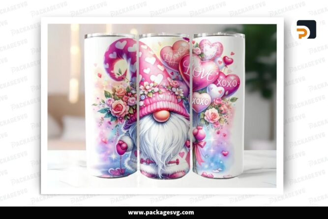 Valentine Pink Gnome Sublimation Design, 20oz Skinny Tumbler Wrap (1)