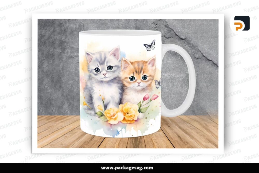 Watercolor Kittens Flowers Sublimation Design, 11oz 15oz Skinny Mug Wrap LRIY1RUQ (2)