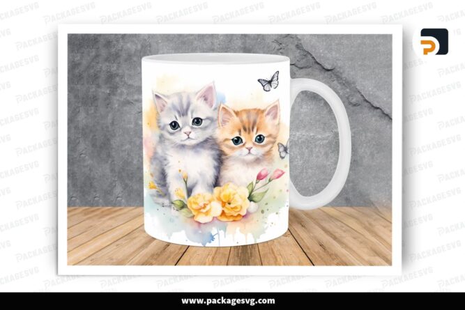 Watercolor Kittens Flowers Sublimation Design, 11oz 15oz Skinny Mug Wrap LRIY1RUQ (2)