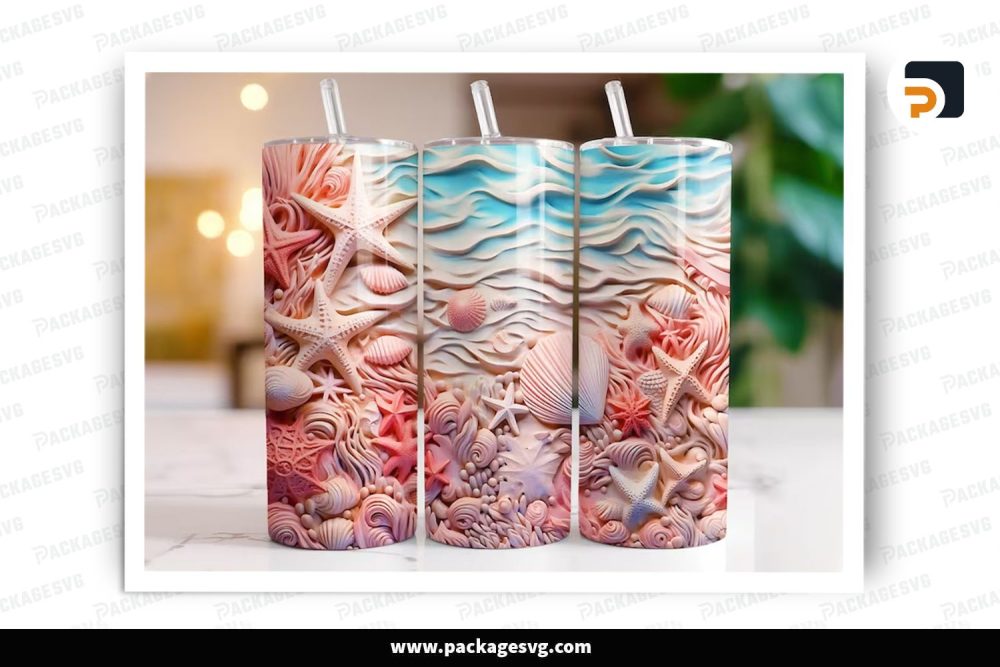 3D Seashells Beach Sublimation Design, 20oz Summer Skinny Tumbler Wrap (1)