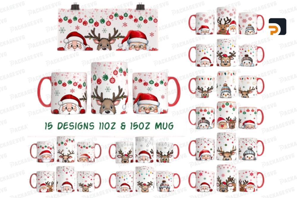 15 Peaking Christmas Mug Sublimation Template ,11Oz Mug -15Oz Mug PNG Mug Templates