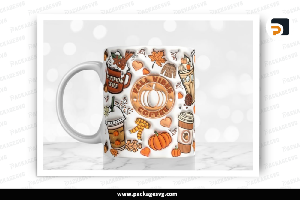 3D Inflated Fall Vibes Coffee Mug Wrap, Sublimation Design 11oz & 15oz