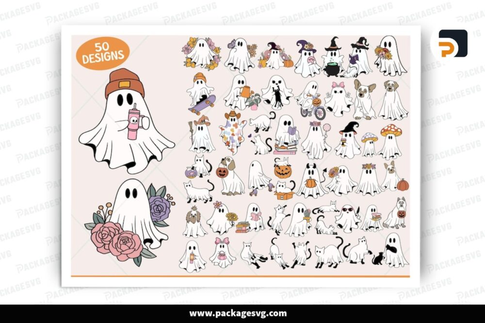 50 Cute Ghost Halloween SVG Bundle, Halloween PNG