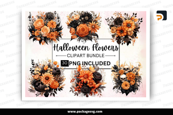 30 Watercolor Halloween Flowers Clipart