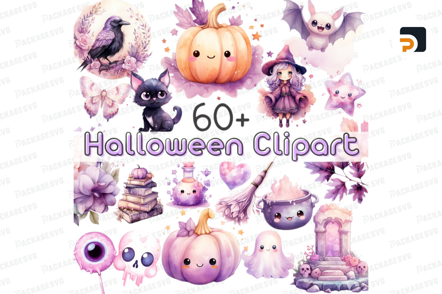 60+ Lilac Halloween Clipart Bundle Pastel Kawaii Pumpkin Clipart PNG Bundle Ghost