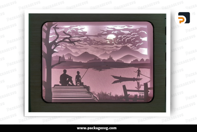 Fishing, Fisherman, Lake fish, 3D Paper Cut Light Box Template