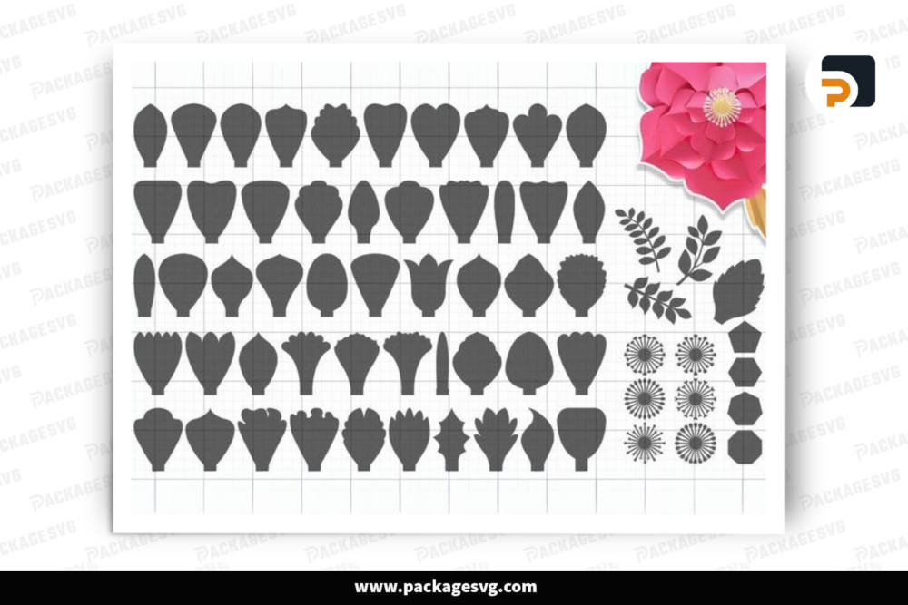 SET of 50 Petals, 4 Bases, 6 Centers and 4 Leaves ,Paper Flower Template SVG