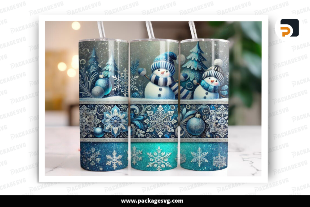 Snowmen Tumbler Wrap PNG, Blue Christmas Snowmen 20 Oz Skinny Sublimation Tumbler PNG