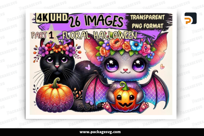 Floral Halloween Clipart - 26 PNG Spooky Flower-Themed Illustrations, Festive Art