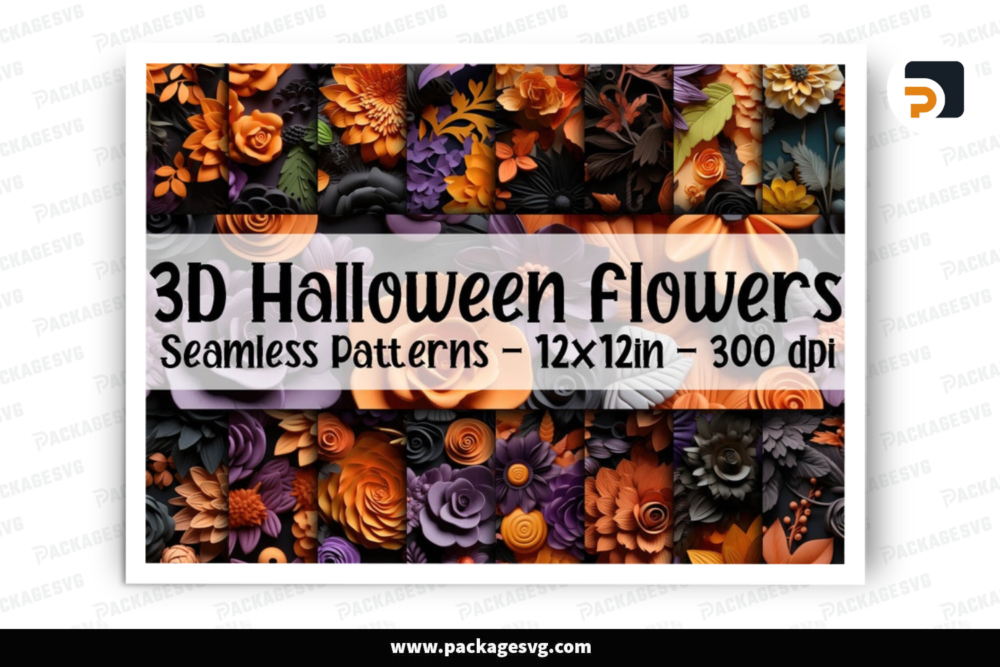 3d Halloween Flowers - 3d Floral Seamless Patterns - 16 Designs - 12x12in