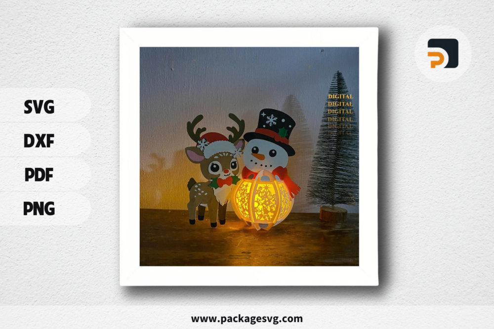 Snowman Lantern Paper Svg, 3D Reeindeer Lantern Shadow Box