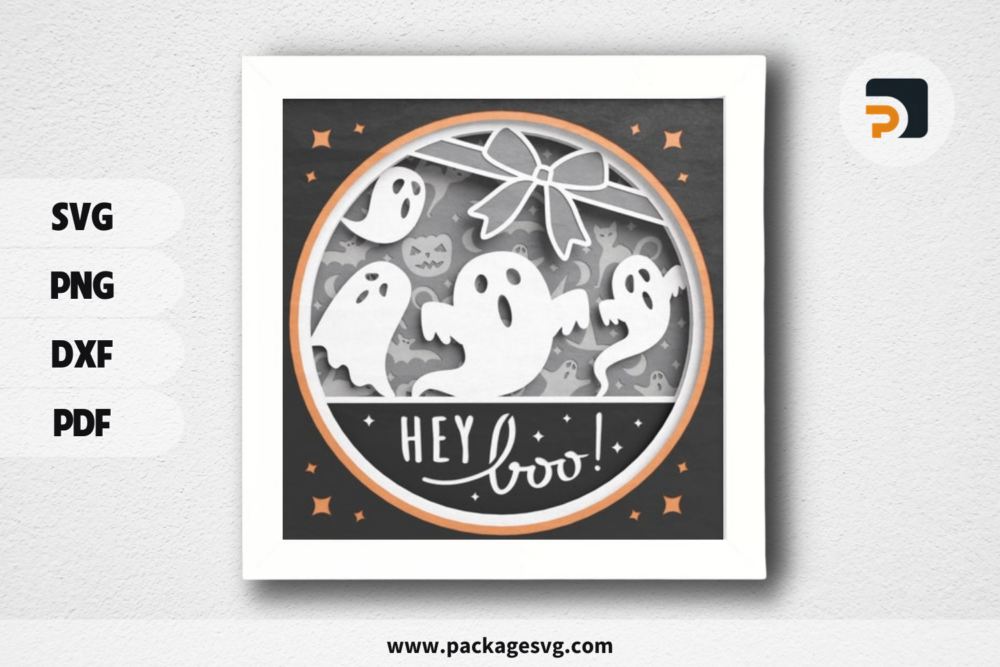 3D Halloween Hey Boo Shadow Box, Hey Boo SVG, Layered Paper Art, Ghost 3D SVG