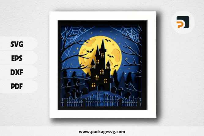 3D Haunted House Shadow Box, Full Moon Shadow Box, Graveyard 3D SVG