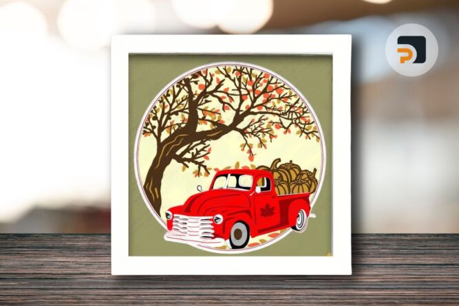 Fall Pumpkin Truck 3D Shadow Box SVG, Red Truck Layered Cardstock