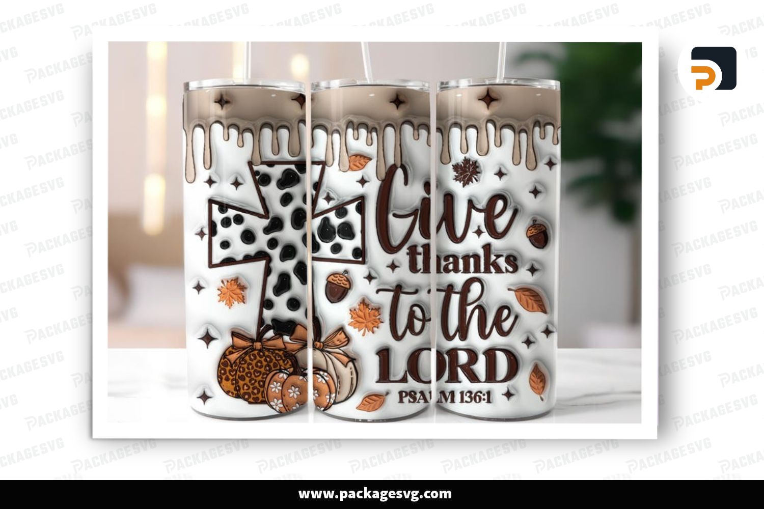 Give Thanks To The Lord Tumbler Wrap PNG, Fall Pumpkin 20oz Skinny Tumbler Sublimation