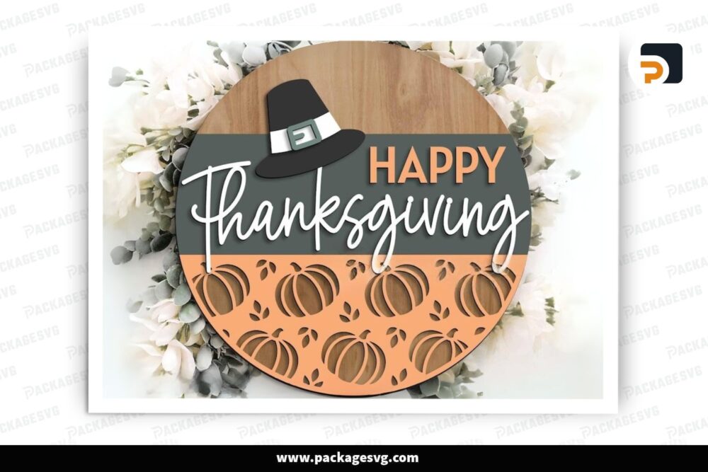 Happy Thanksgiving Pilgrim Hat Sign, Round door hanger svg, Thanksgiving decor SVG