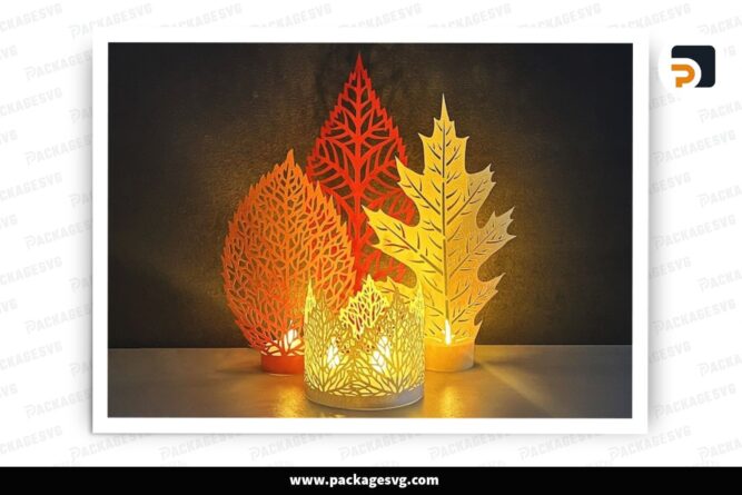 Autumn 3d papercut ,Fall leaves svg lantern template, holiday candle lantern decor