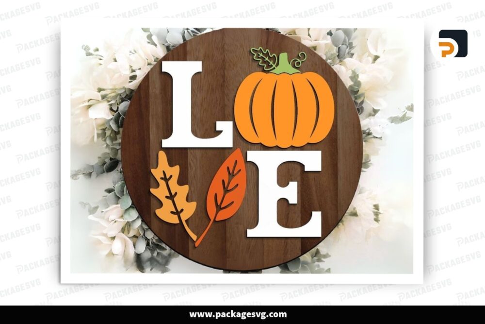 Love Fall Pumpkin Leaves SVG, Round door hanger svg