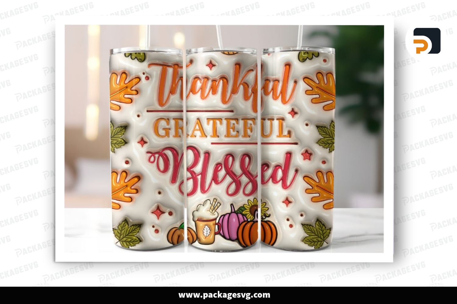 Thankful Grateful Blessed Tumbler Wrap PNG, Thanksgiving Tumbler 20oz Skinny Tumbler Wrap