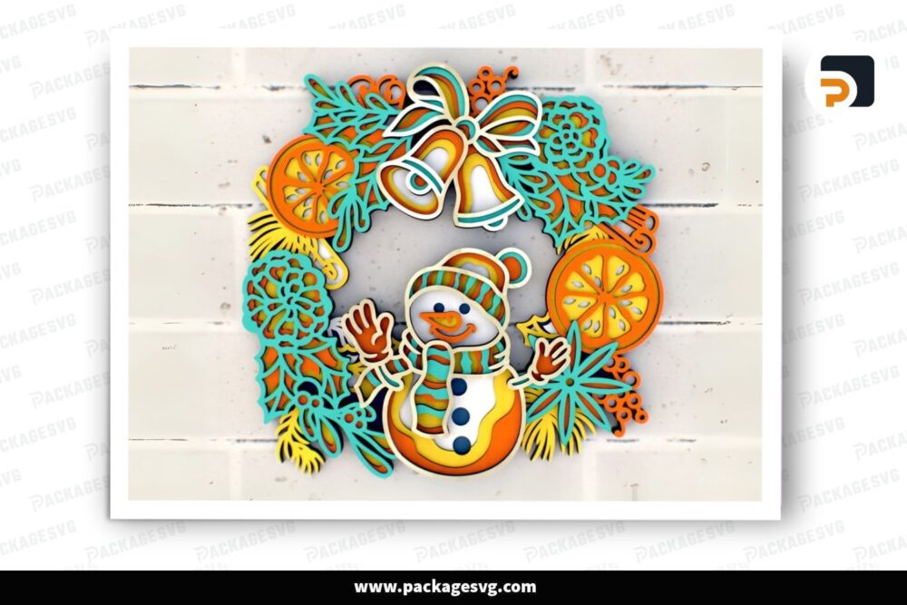 Christmas wreath with snowman 3D Mandala SVG, New Year Decoration Laser Cutting Plans