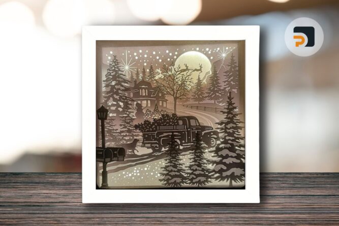 Christmas Car and Pine Tree, Merry Christmas Shadow Box/Lightbox