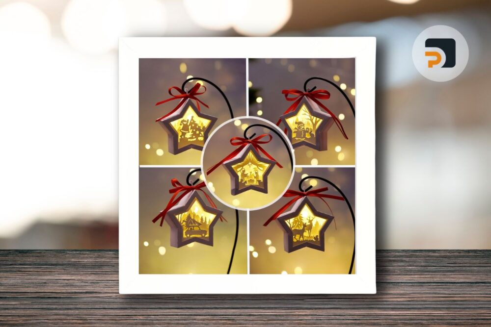 Pack 5 Christmas Small Star Ornaments SVG for Cricut Joy, Christmas Shadow Box/Lightbox