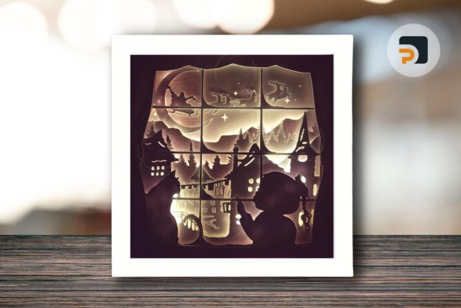 Through The Window A Little Girl And A Cat Shadowbox, Christmas Night SVG Paper Cut File