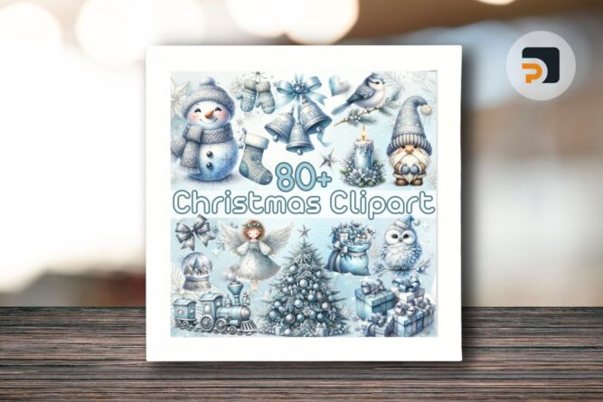 80+ Christmas Clipart , Silver Blue Christmas Clipart Bundle PNG