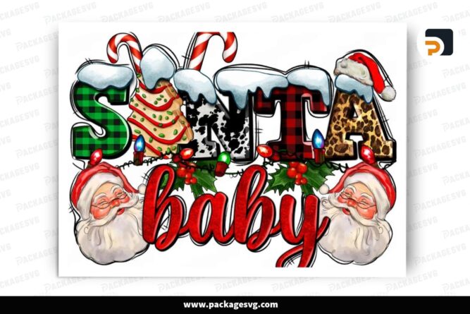 Santa Baby With Santa And Christmas Tree Cake PNG Sublimation Design