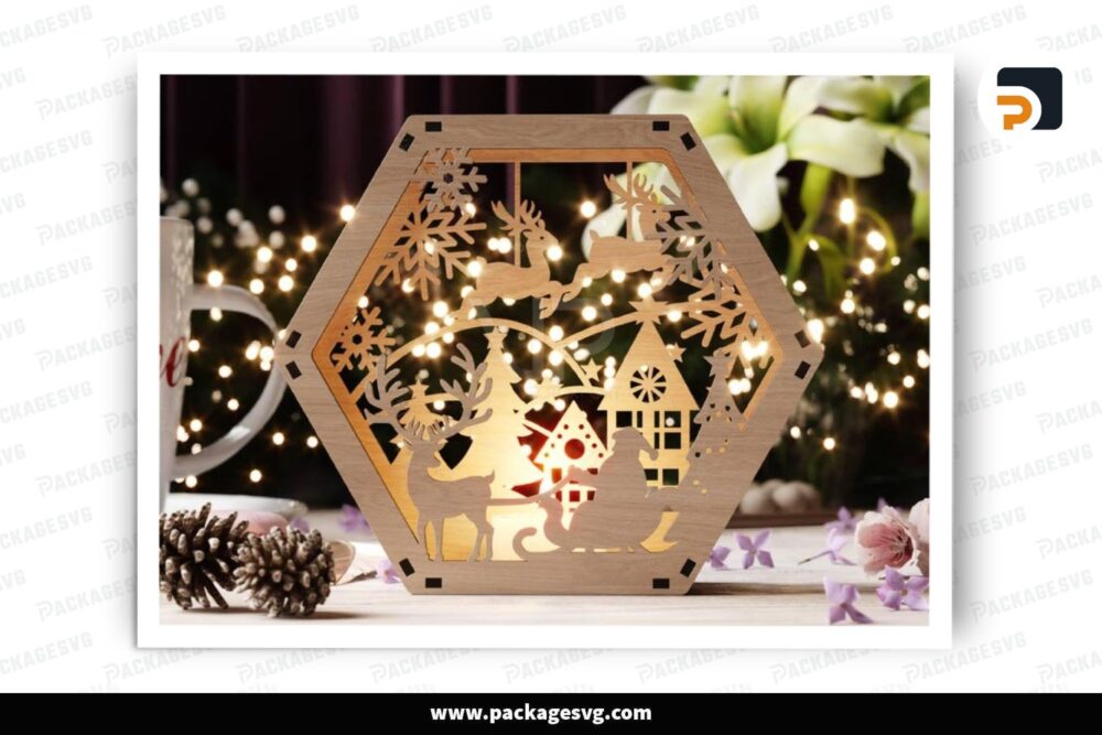 Hexagon Laser Cut Lamp Snowy Scene Christmas Lantern Candle Holder, Winter Wonderland Decoration Night Light