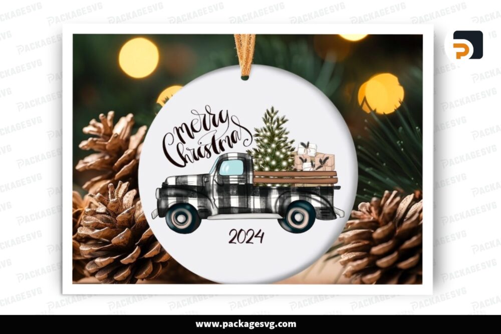 Christmas Truck and Tree PNG Sublimation Ornament, DIY Winter Decorating