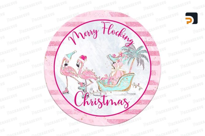 Christmas Flamingo Wreath Sign, Beach PNG Sublimation Round Sign Wall Art