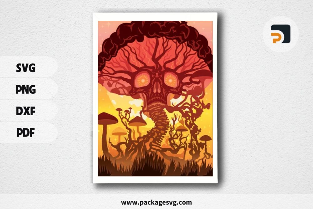 Skull Mushroom Shadow Box SVG for 3D Papercut Light Box