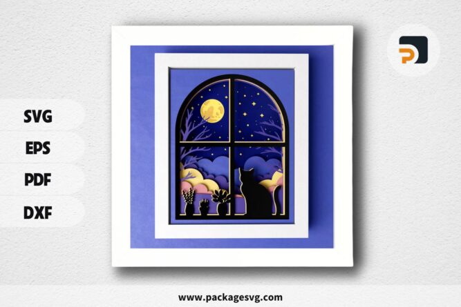 3D Cat Moon Shadow Box, 8 x 10 Moonlight Window Art 3D SVG