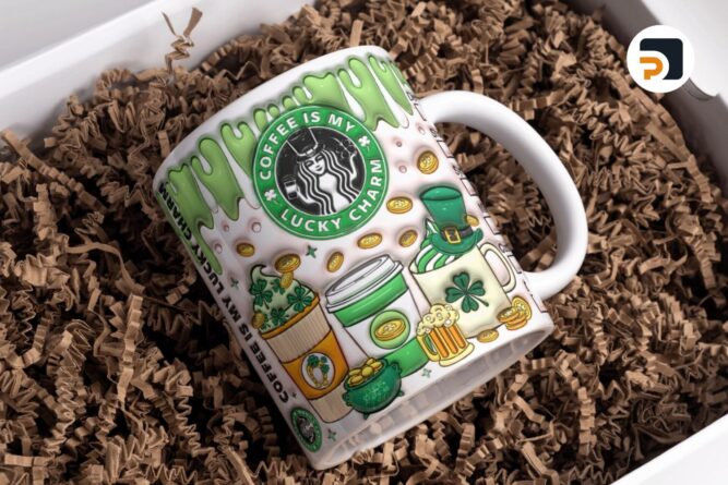 3D Coffee is my Lucky Charm Inflated Mug Wrap Sublimation Design 11oz & 15oz